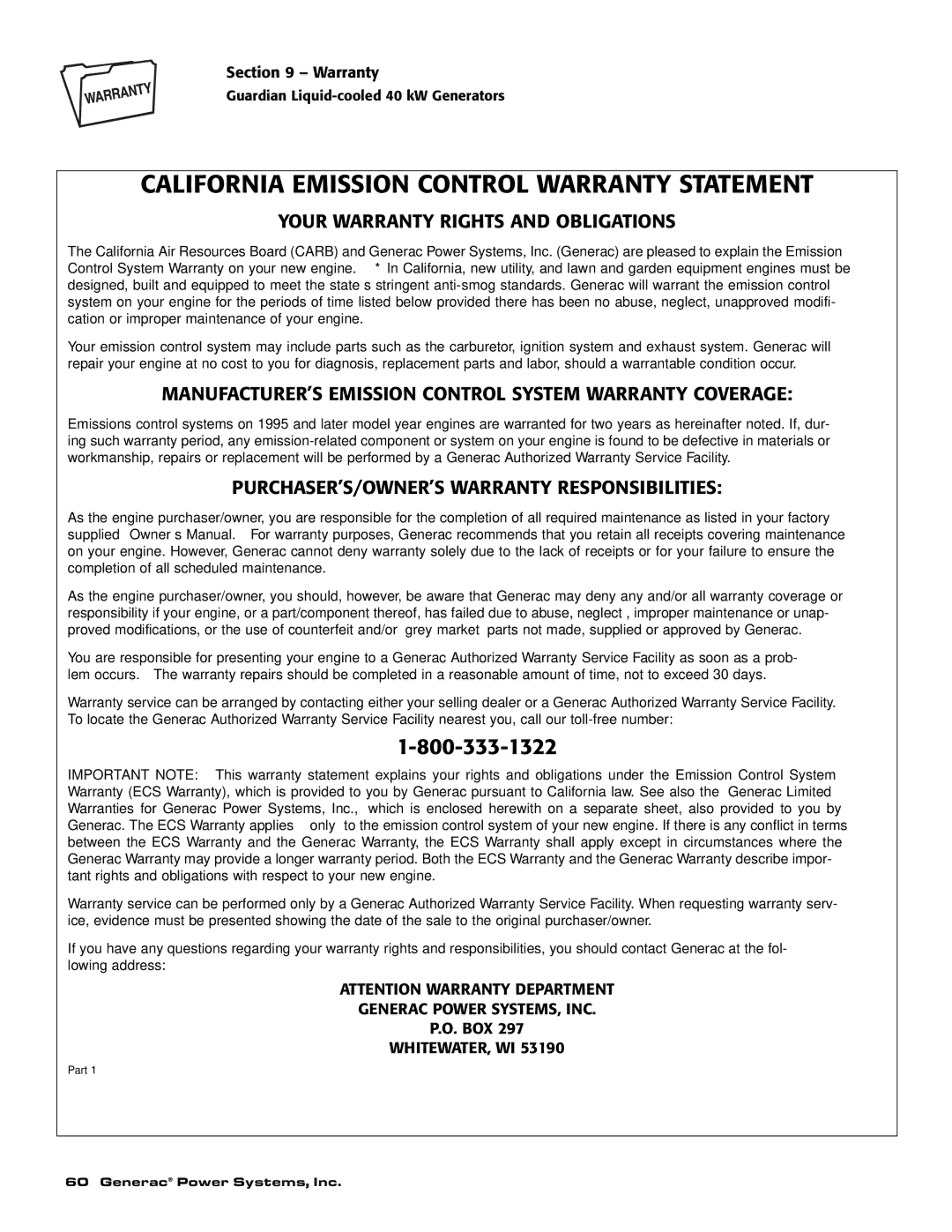 Generac 004373-3 , 004626-2 Your Warranty Rights and Obligations, MANUFACTURER’S Emission Control System Warranty Coverage 