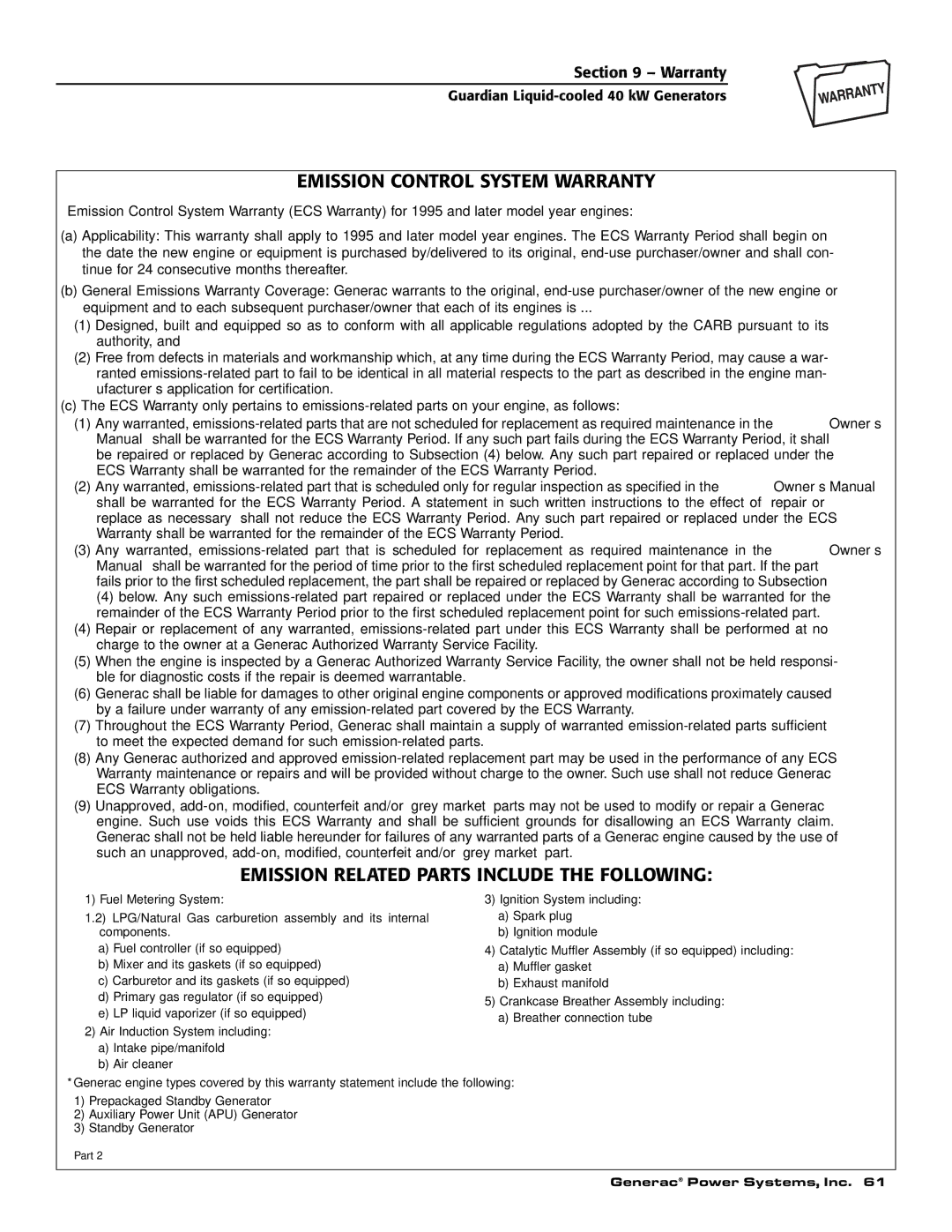 Generac 004373-3, 004626-2 owner manual Emission Control System Warranty, Emission Related Parts Include the Following 