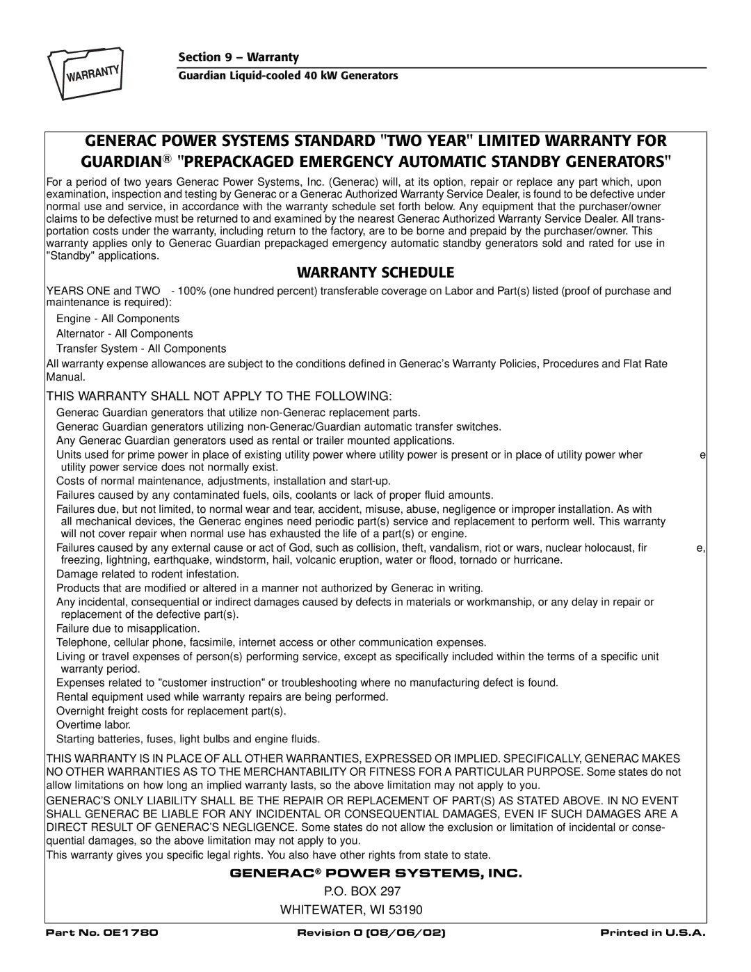 Generac 004373-3 , 004626-2, 004373-3, 004626-2 Warranty Schedule, This Warranty Shall not Apply to the Following 