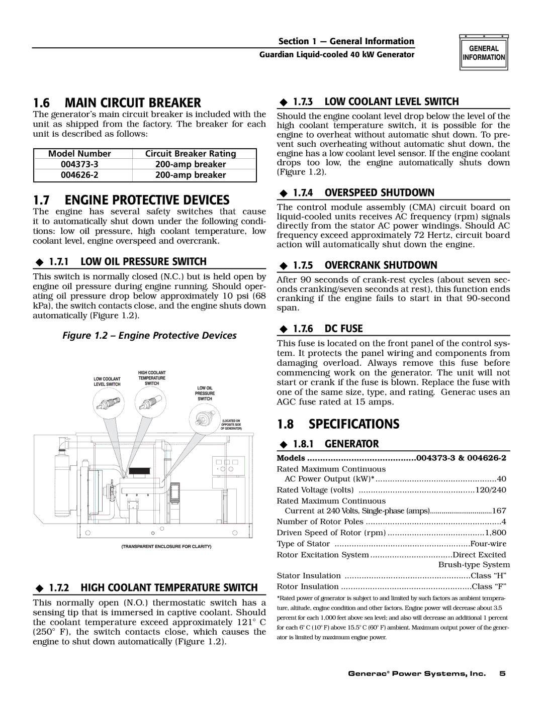 Generac 004373-3, 004626-2, 004373-3 , 004626-2 owner manual Main Circuit Breaker, Engine Protective Devices, Specifications 