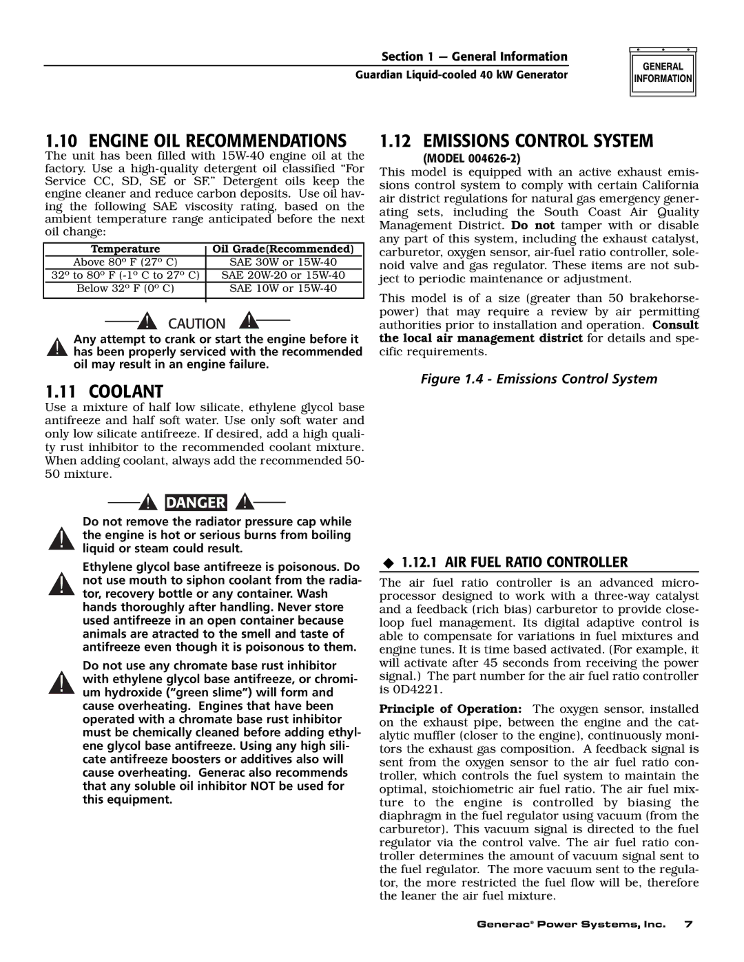 Generac 004373-3, 004626-2, 004373-3 , 004626-2 Emissions Control System, Coolant, ‹ 1.12.1 AIR Fuel Ratio Controller 