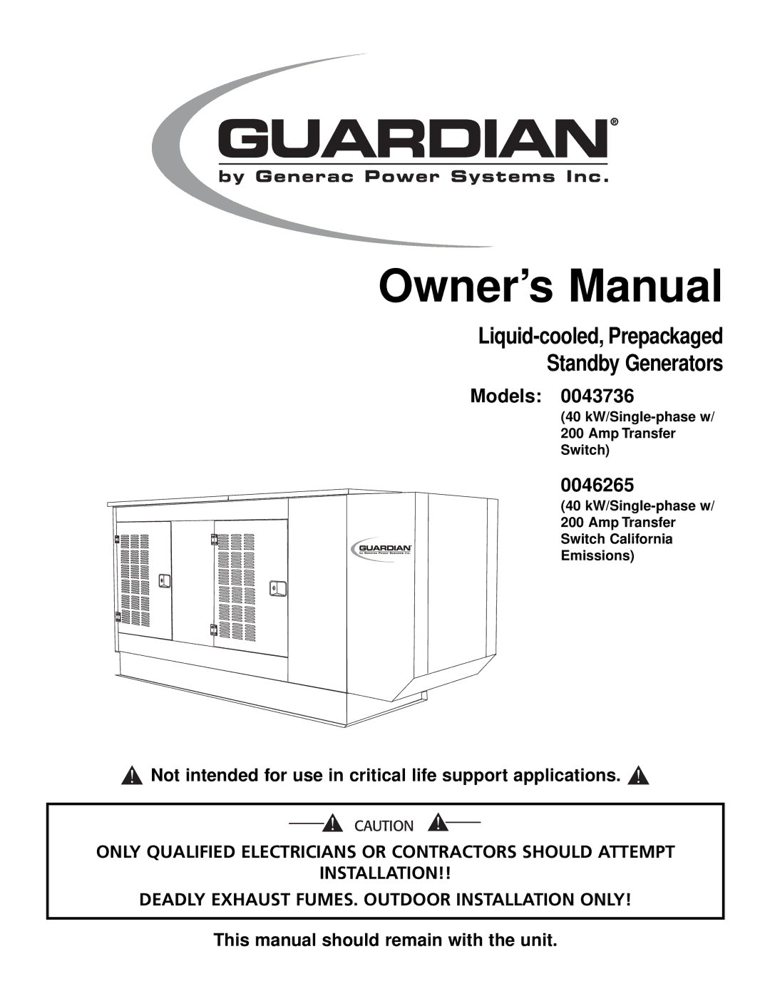 Generac 0043736, 0046265 owner manual Liquid-cooled, Prepackaged Standby Generators Models 