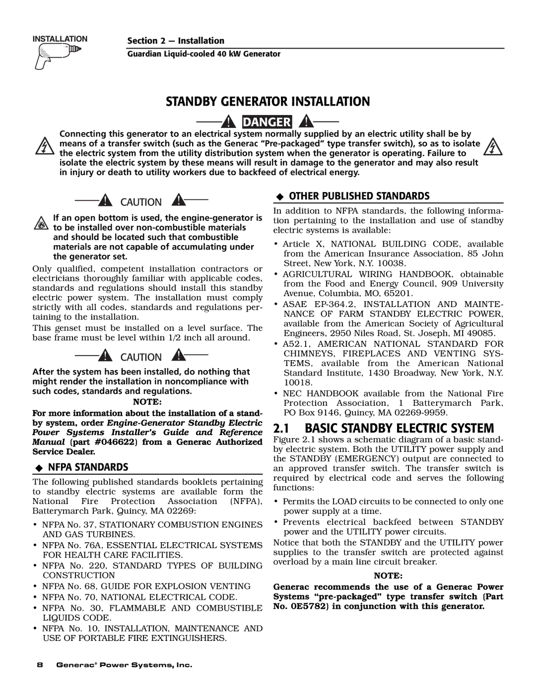 Generac 0043736, 0046265 owner manual Standby Generator Installation, Basic Standby Electric System, Nfpa Standards 