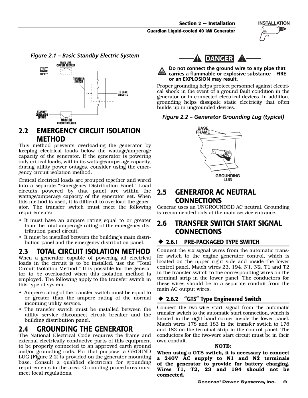 Generac 0043736, 0046265 owner manual Method, Grounding the Generator, Generator AC Neutral Connections 