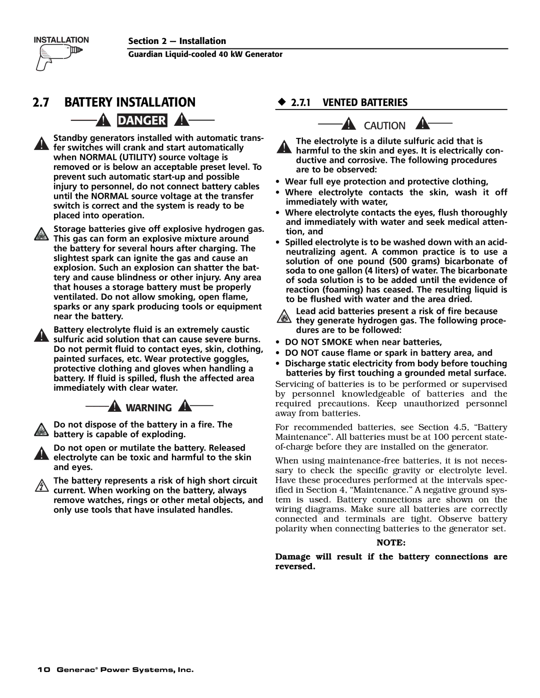 Generac 0043736, 0046265 owner manual Battery Installation, ‹ 2.7.1 Vented Batteries 