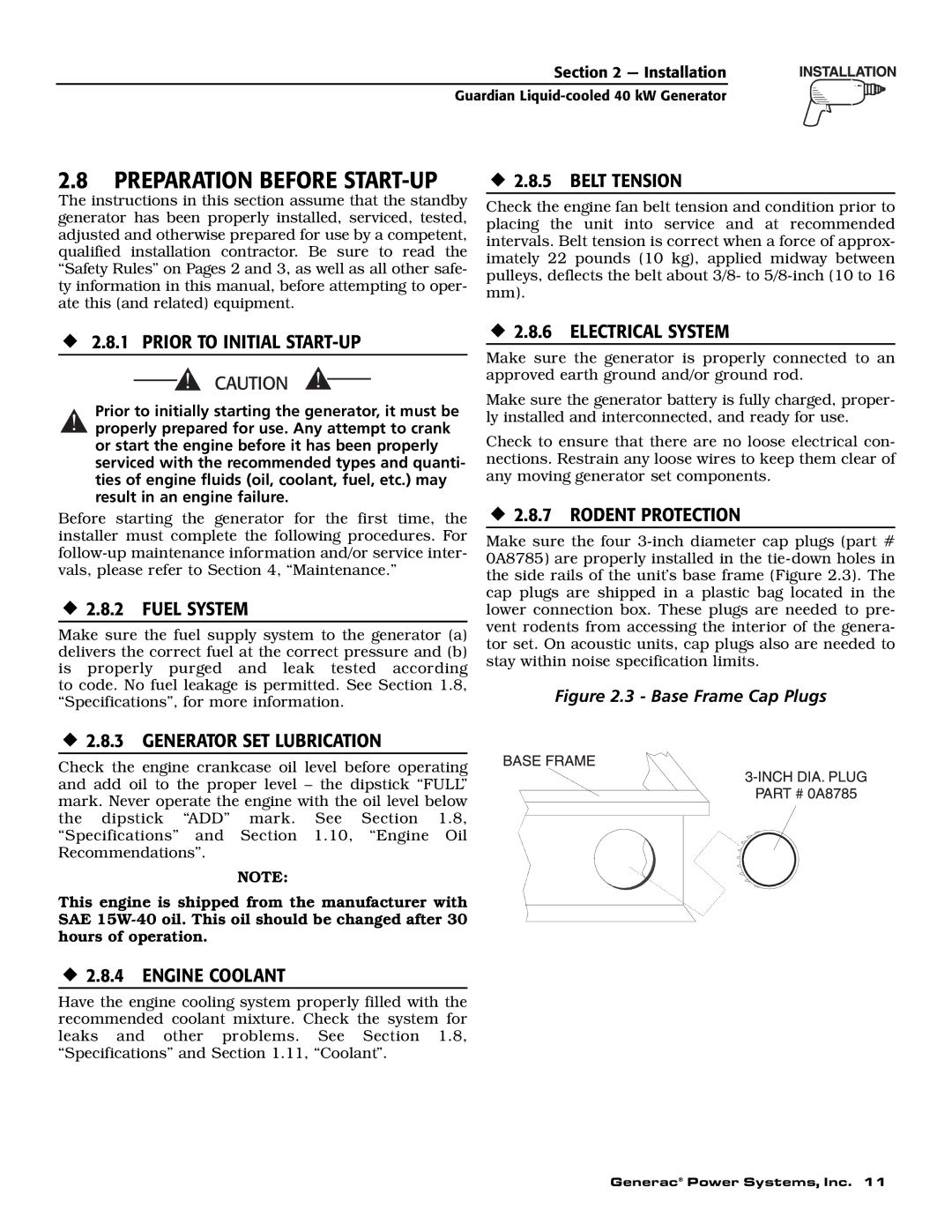 Generac 0043736, 0046265 owner manual Preparation Before START-UP 