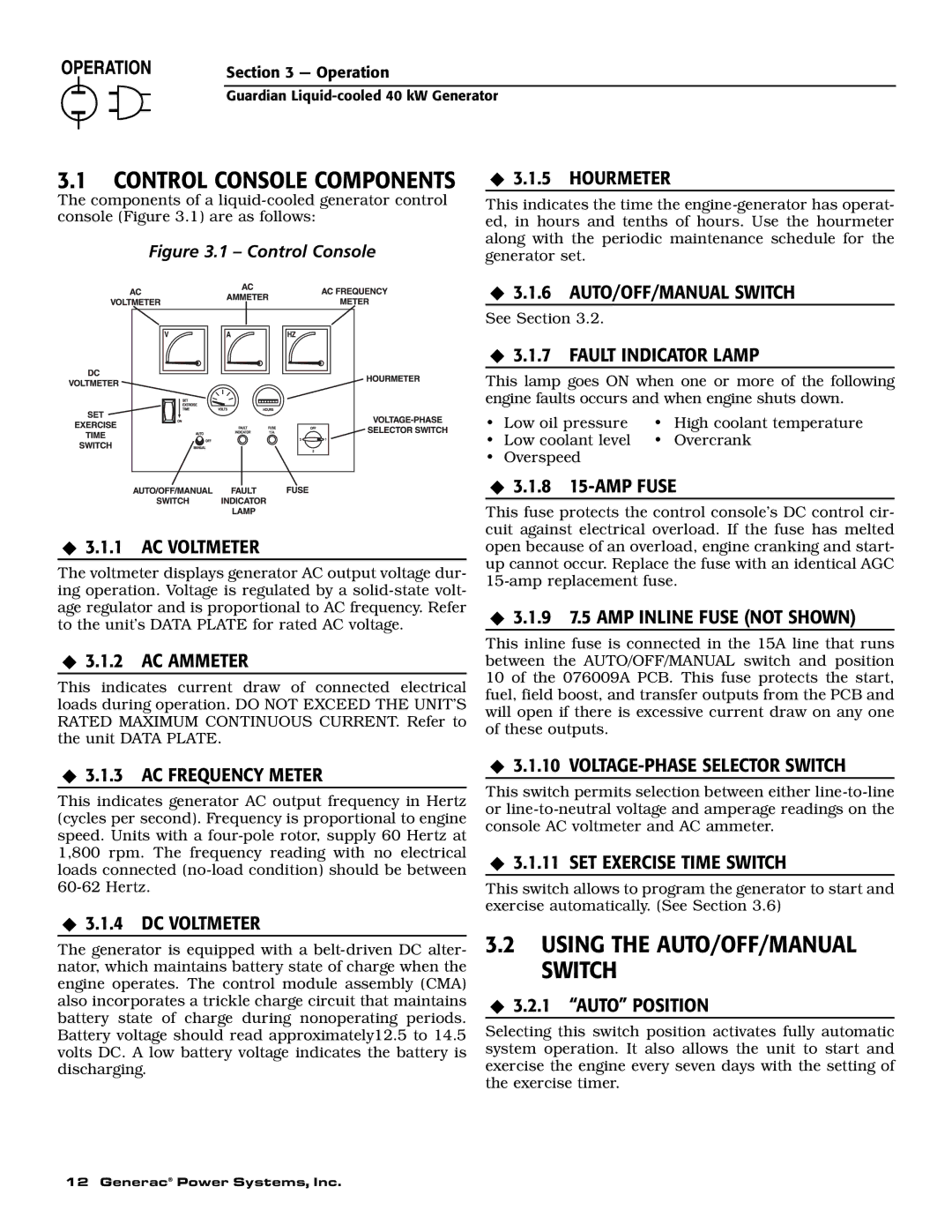 Generac 0043736, 0046265 owner manual Using the AUTO/OFF/MANUAL Switch 