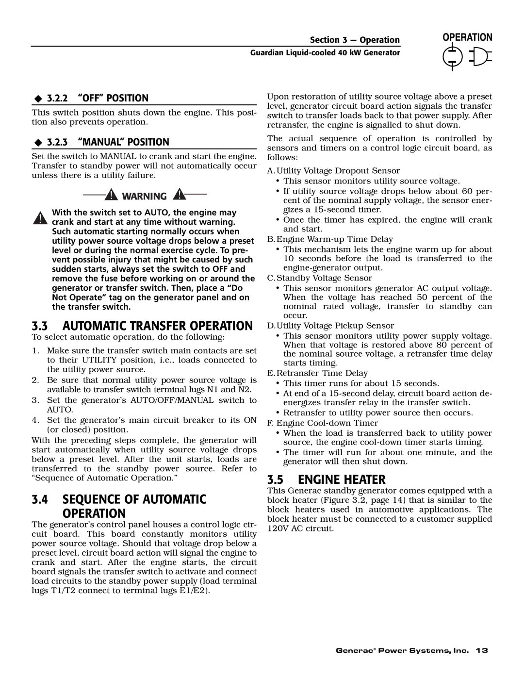 Generac 0043736, 0046265 owner manual Sequence of Automatic Operation, Engine Heater, ‹ 3.2.3 Manual Position 