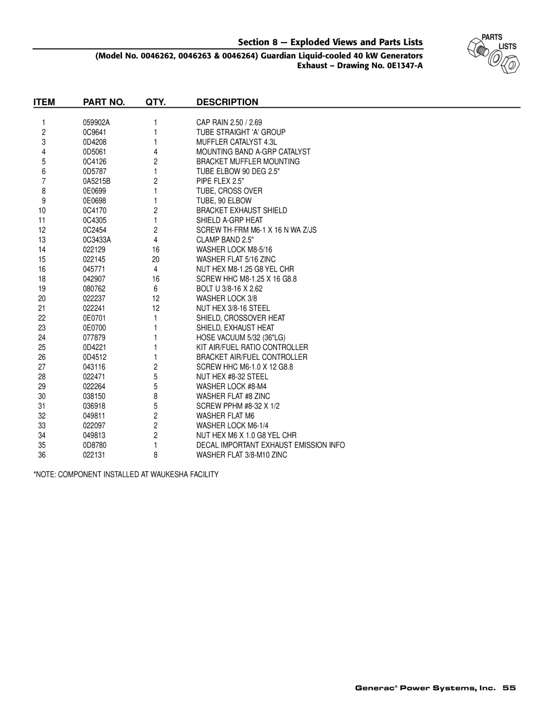 Generac 0043736, 0046265 owner manual Muffler Catalyst 4.3L 