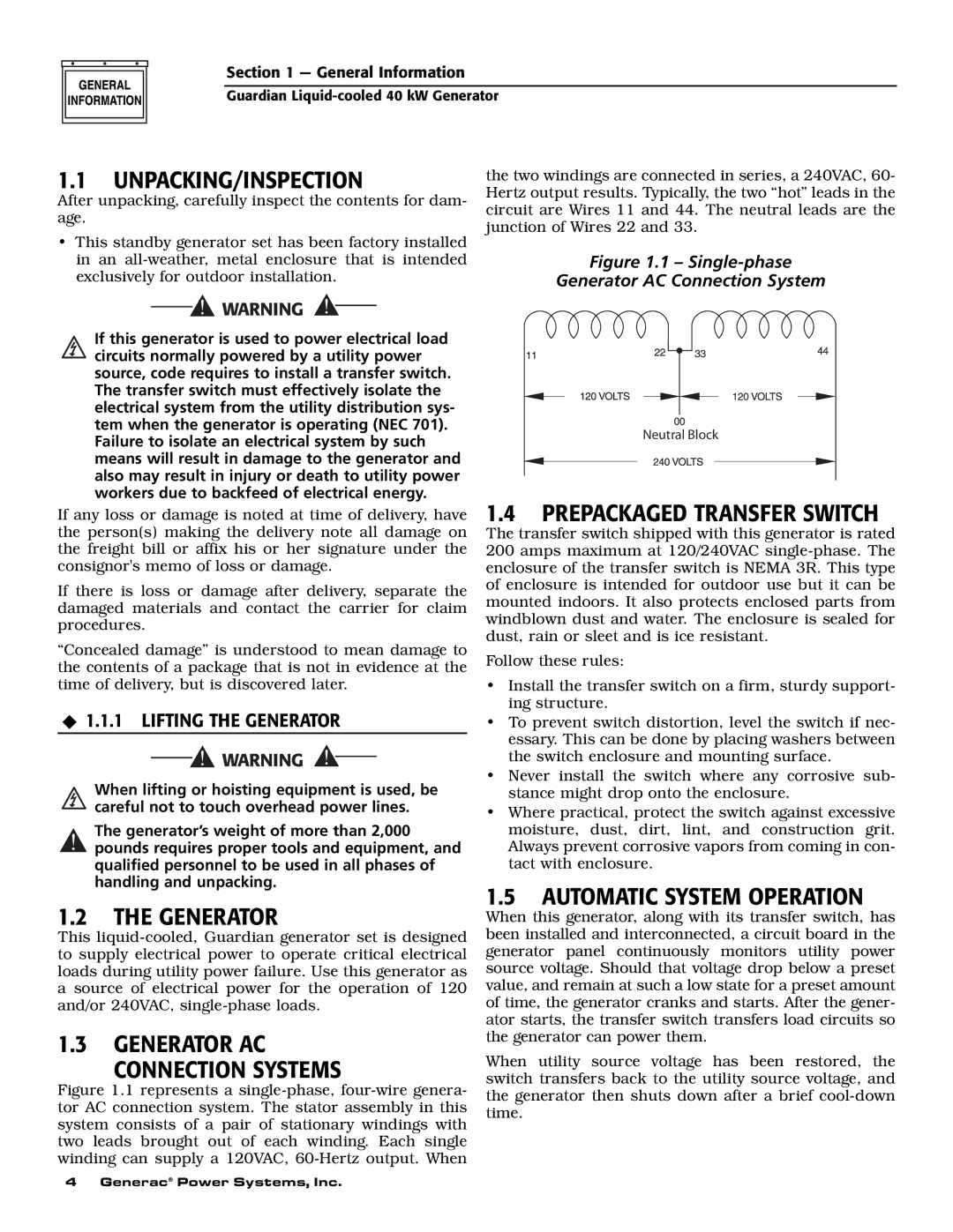 Generac 0043736, 0046265 Unpacking/Inspection, Generator AC Connection Systems, Prepackaged Transfer Switch 