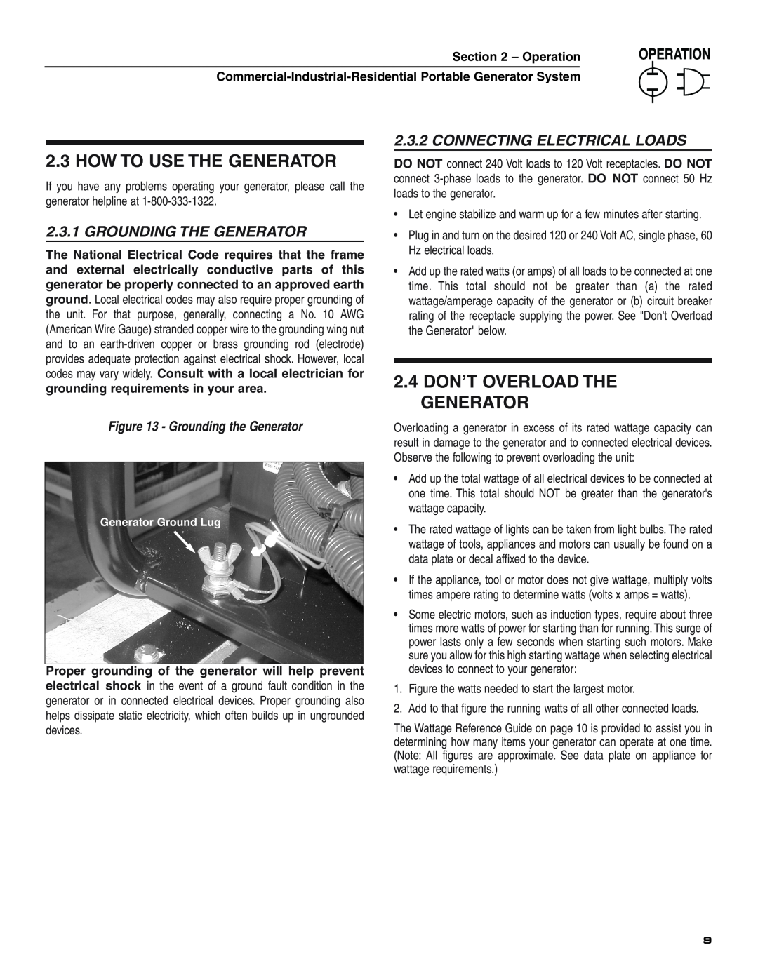 Generac 004451, 004582 How To Use The Generator, 2.4 DON’T OVERLOAD THE GENERATOR, Grounding The Generator, Operation 