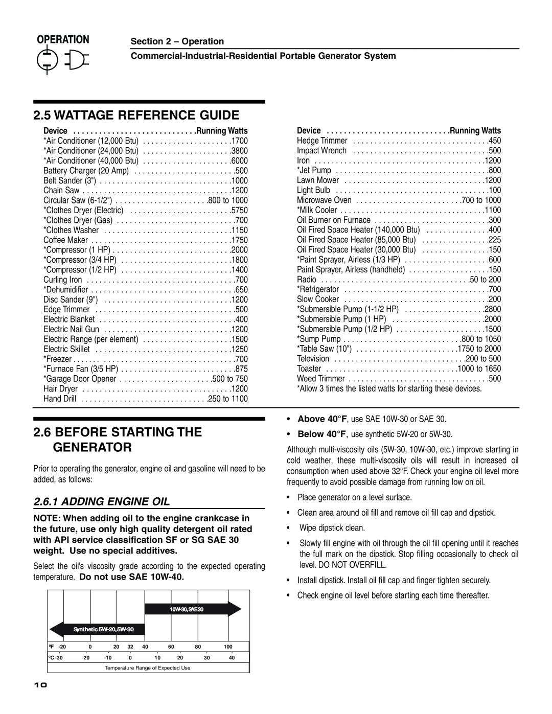 Generac 004451 ,004582 owner manual Wattage Reference Guide, Before Starting The Generator, Adding Engine Oil, Operation 
