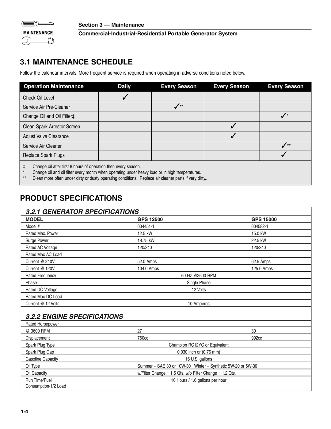 Generac 004451 ,004582 Maintenance Schedule, Product Specifications, Generator Specifications, Engine Specifications 