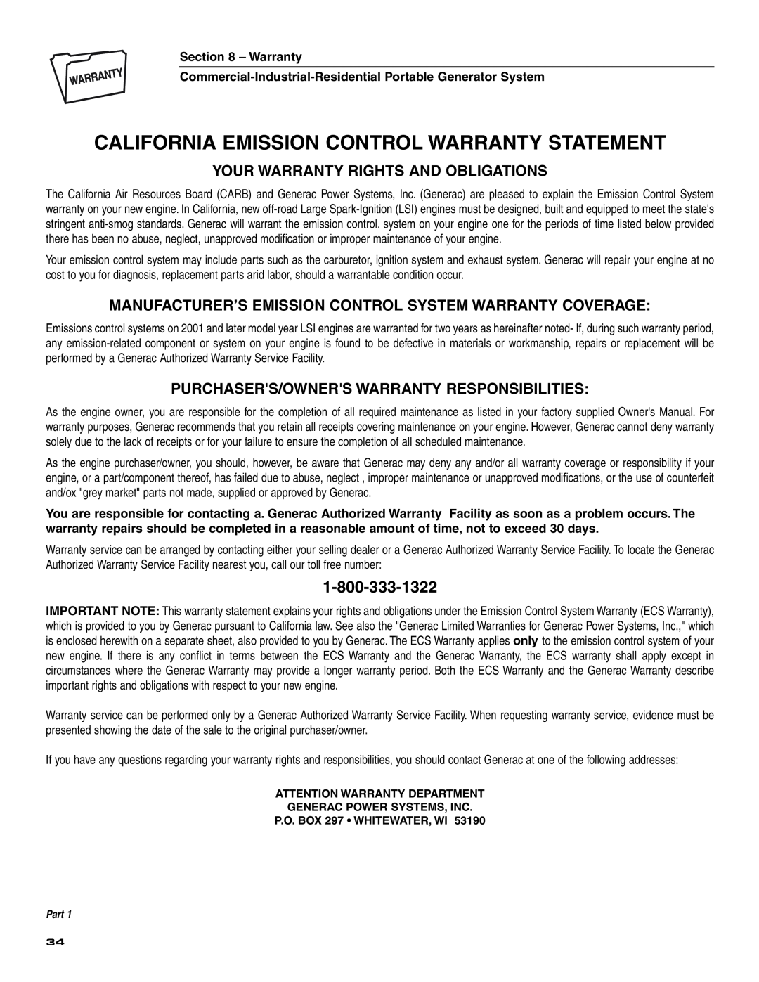 Generac 004451 ,004582 owner manual California Emission Control Warranty Statement, Your Warranty Rights And Obligations 