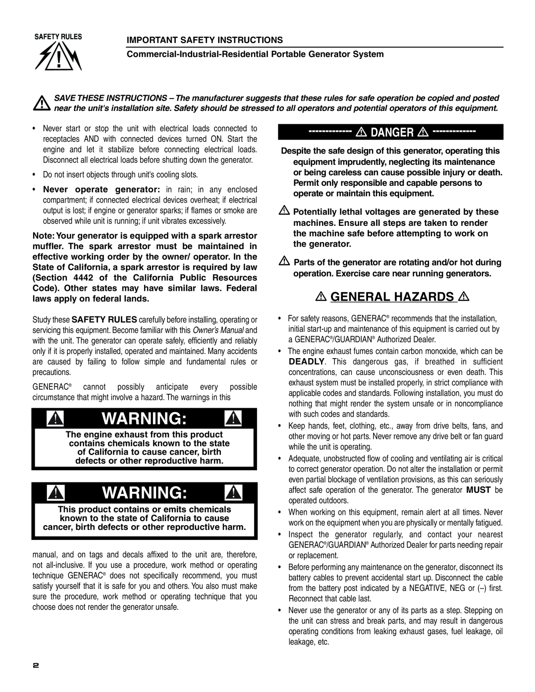 Generac 004451 ,004582 General Hazards, Danger, Important Safety Instructions, This product contains or emits chemicals 