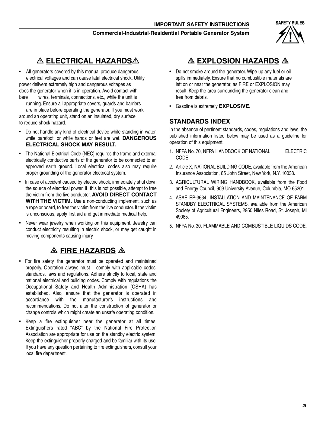 Generac 004451, 004582 Electrical Hazards, Explosion Hazards, Fire Hazards, Standards Index, Important Safety Instructions 