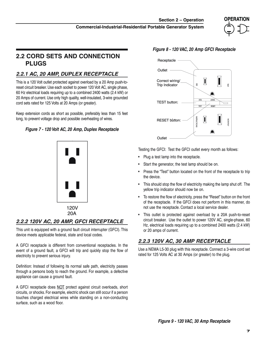 Generac 004451, 004582 Cord Sets And Connection Plugs, 2.2.1 AC, 20 AMP, DUPLEX RECEPTACLE, 120 VAC, 30 Amp Receptacle 