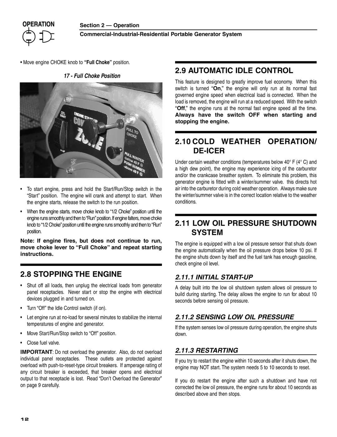 Generac 004451 ,004582 Automatic Idle Control, Cold Weather OPERATION/ DE-ICER, LOW OIL Pressure Shutdown System 