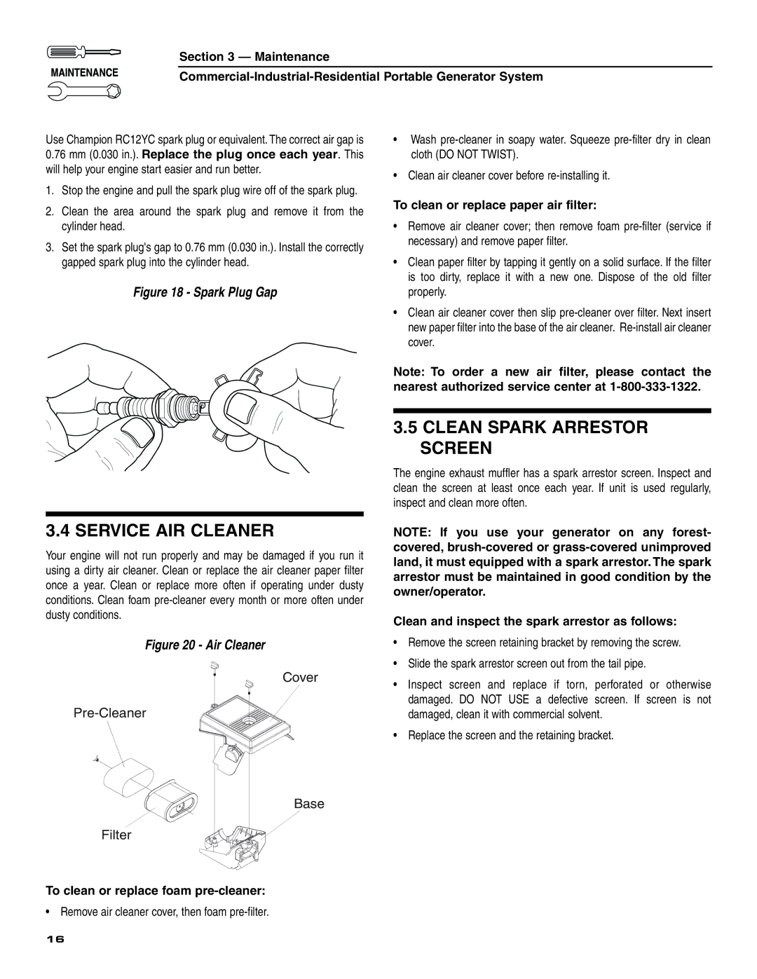 Generac 004451 ,004582, 004451, 004582 owner manual Service AIR Cleaner, Clean Spark Arrestor Screen 