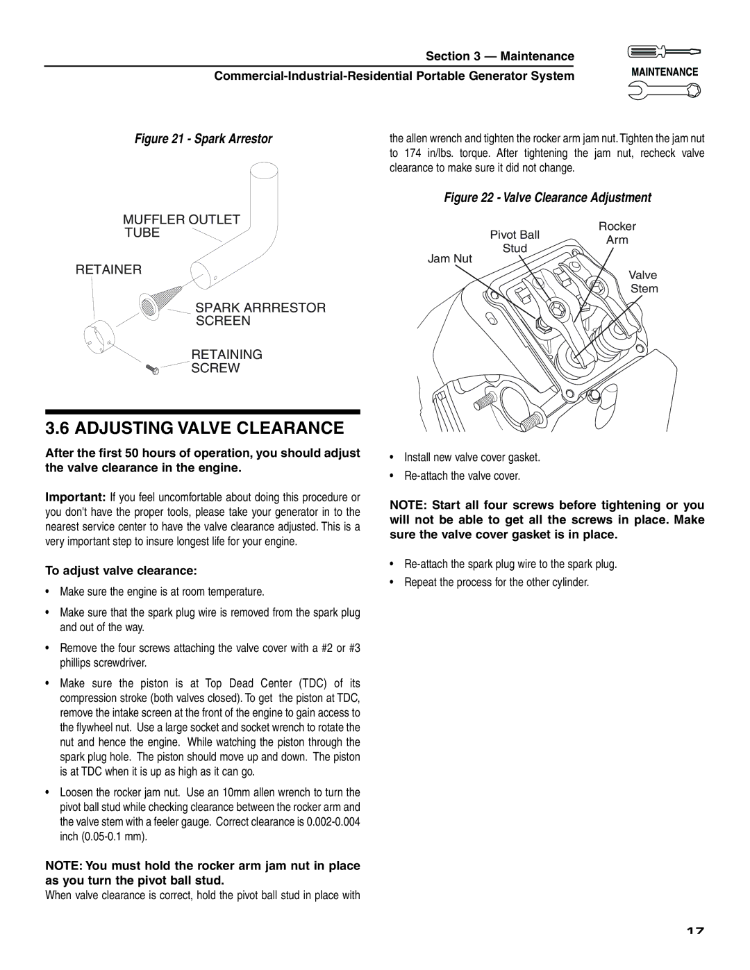 Generac 004451, 004582, 004451 ,004582 owner manual Adjusting Valve Clearance, To adjust valve clearance 