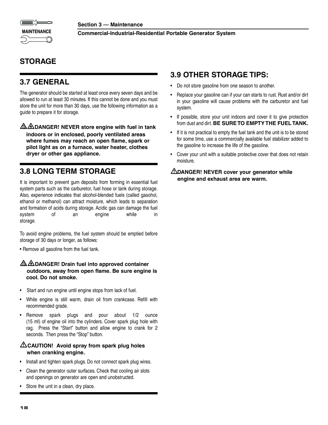 Generac 004451 ,004582, 004451, 004582 owner manual Storage General, Long Term Storage, Other Storage Tips 