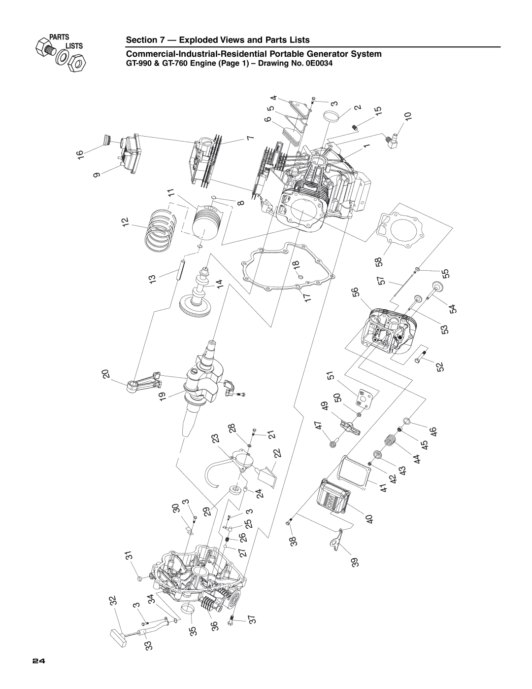 Generac 004451 ,004582, 004451, 004582 owner manual 46 45 43 42, GT-990 & GT-760 Engine Page 1 Drawing No E0034 