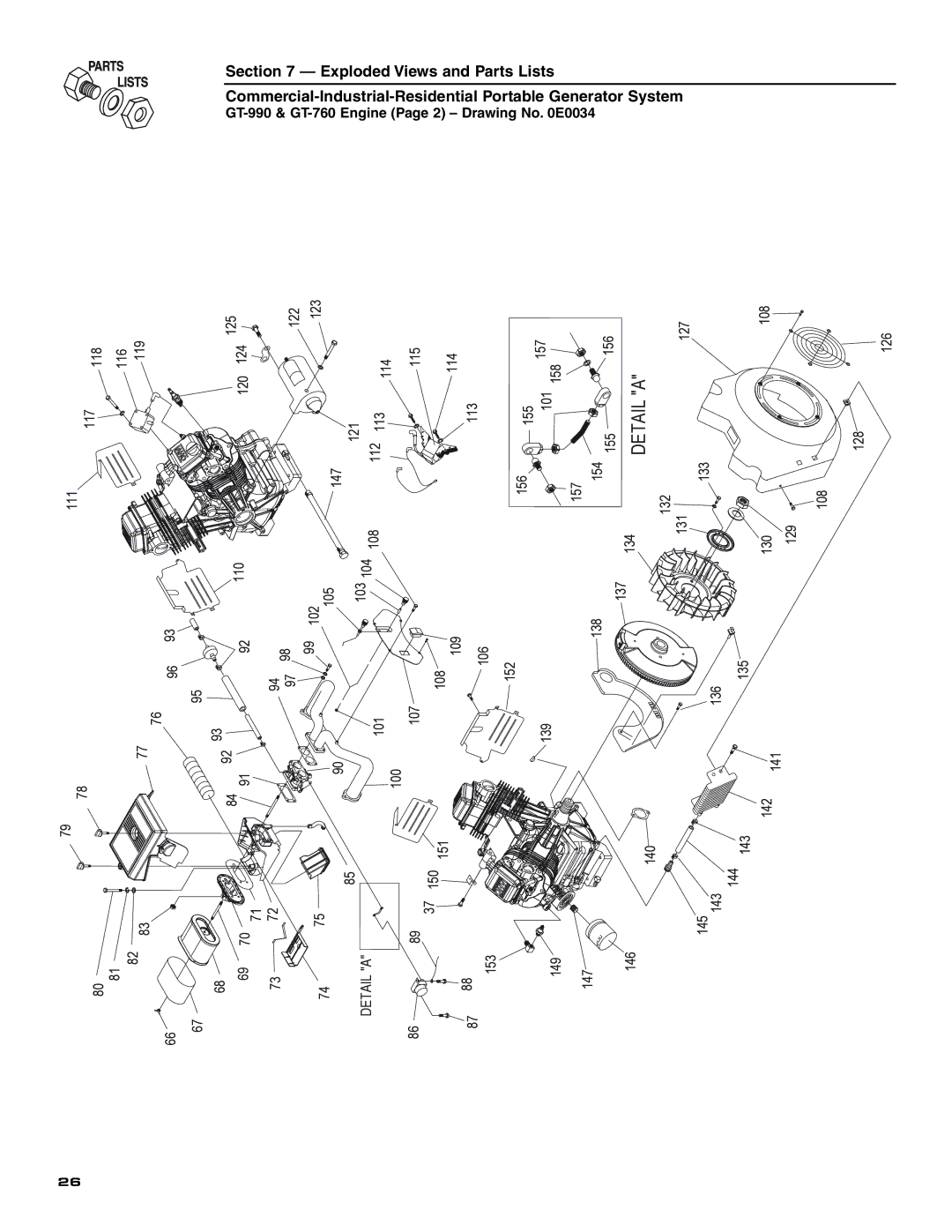 Generac 004451 ,004582, 004451, 004582 owner manual Detaila, GT-990 & GT-760 Engine Page 2 Drawing No E0034 