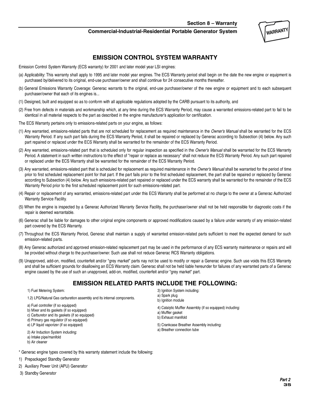 Generac 004451, 004582, 004451 ,004582 owner manual Emission Control System Warranty 