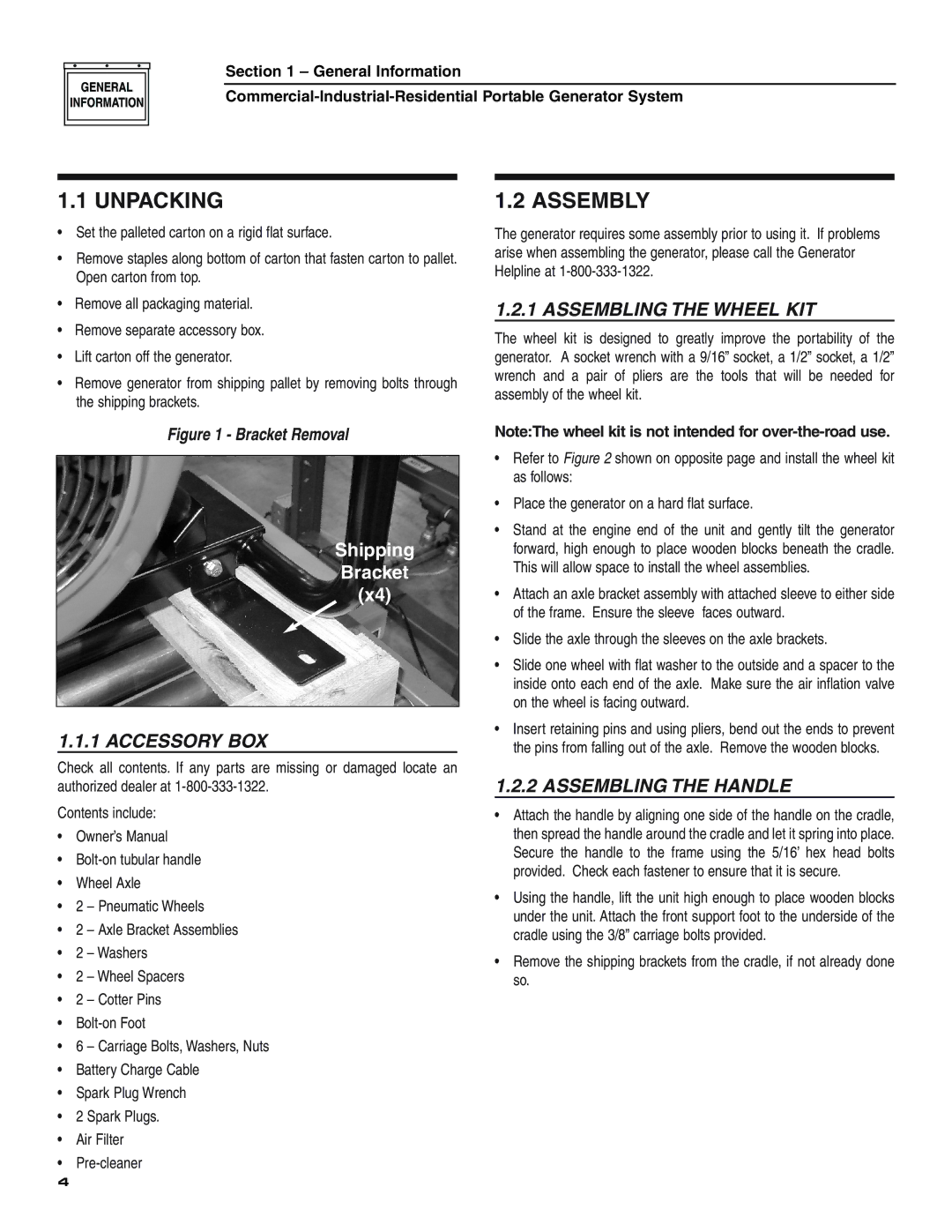 Generac 004451 ,004582, 004451, 004582 Unpacking, Assembly, Accessory BOX, Assembling the Wheel KIT, Assembling the Handle 