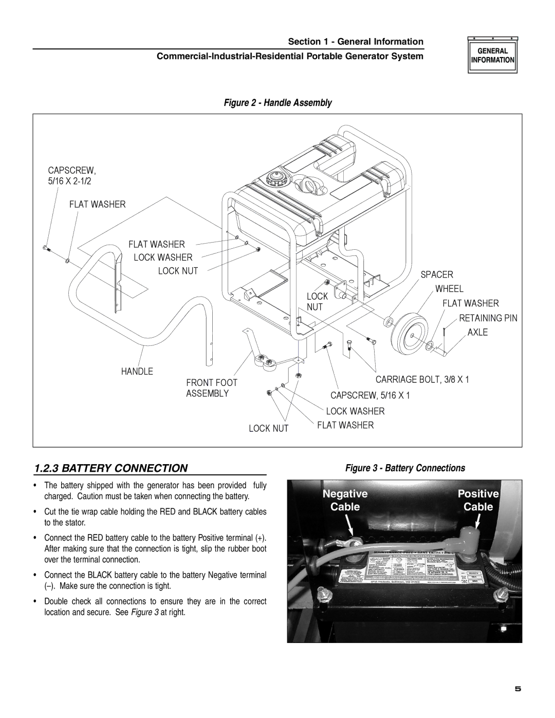 Generac 004451, 004582, 004451 ,004582 owner manual Battery Connection, Handle Assembly 