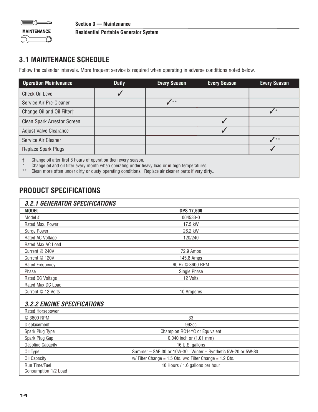 Generac 004583-0 owner manual Maintenance Schedule, Maintenance Residential Portable Generator System 