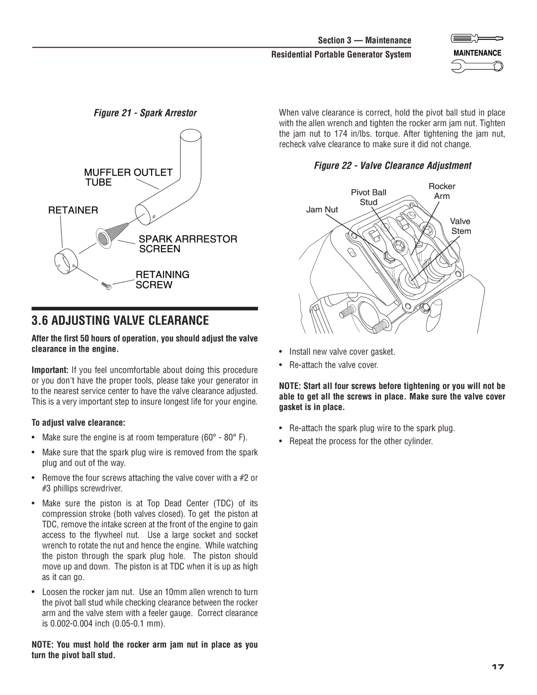 Generac 004583-0 owner manual Adjusting Valve Clearance, To adjust valve clearance 