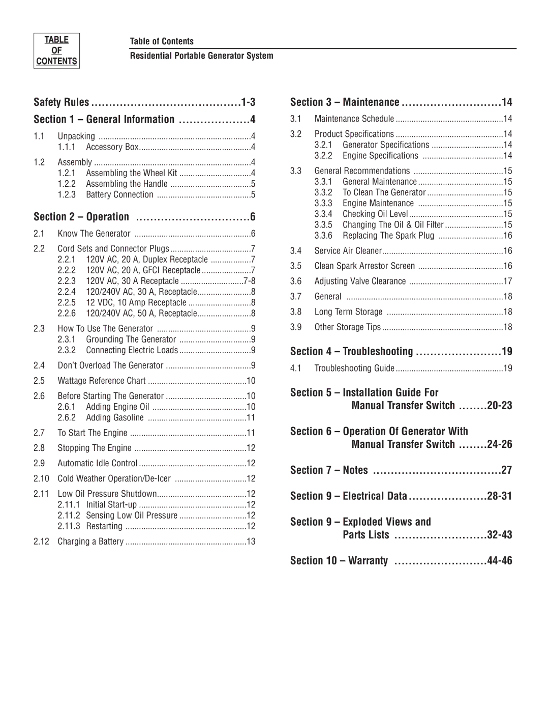 Generac 004583-0 owner manual Table of Contents Residential Portable Generator System, Troubleshooting 