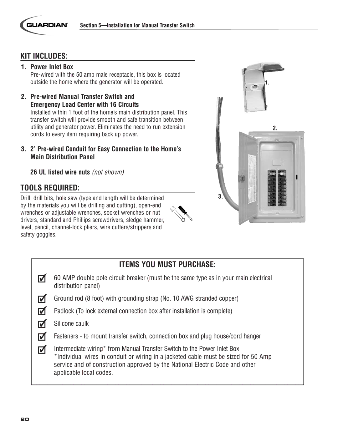 Generac 004583-0 KIT Includes, Tools Required, Items YOU Must Purchase, Installation for Manual Transfer Switch 