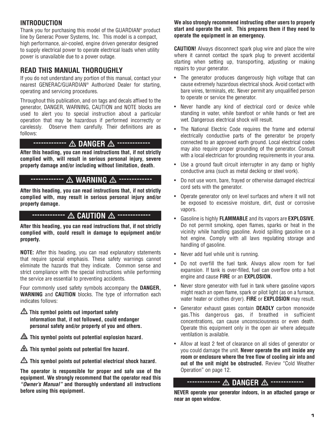 Generac 004583-0 owner manual Read this Manual Thoroughly 