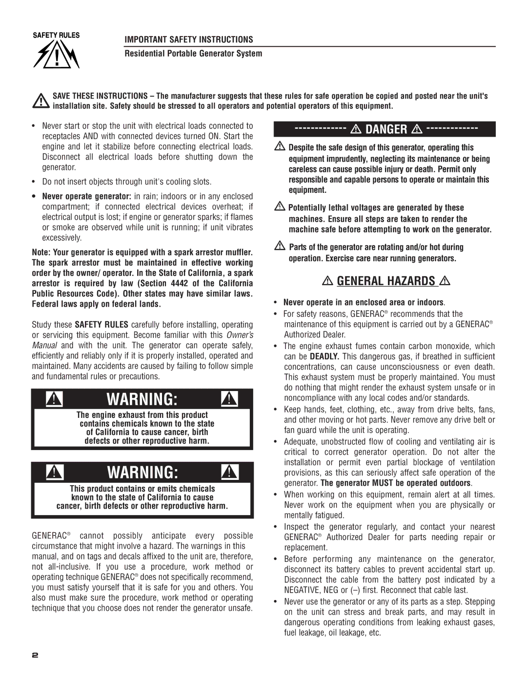 Generac 004583-0 owner manual General Hazards, Never operate in an enclosed area or indoors 