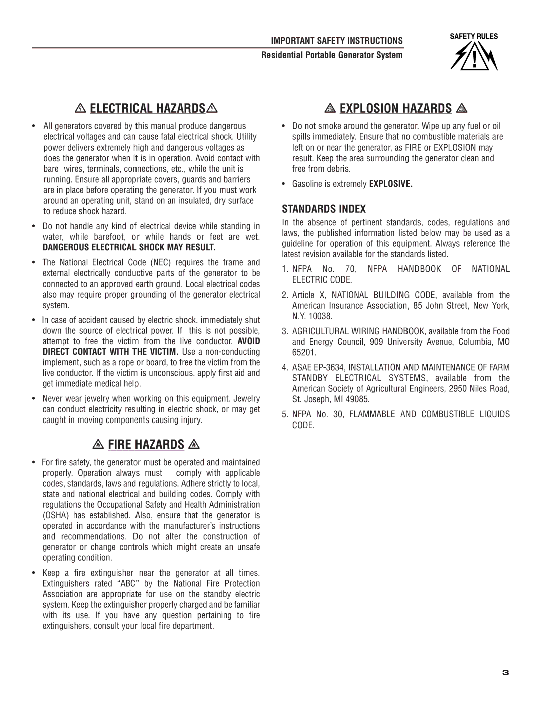 Generac 004583-0 owner manual Electrical Hazards, Explosion Hazards, Fire Hazards 