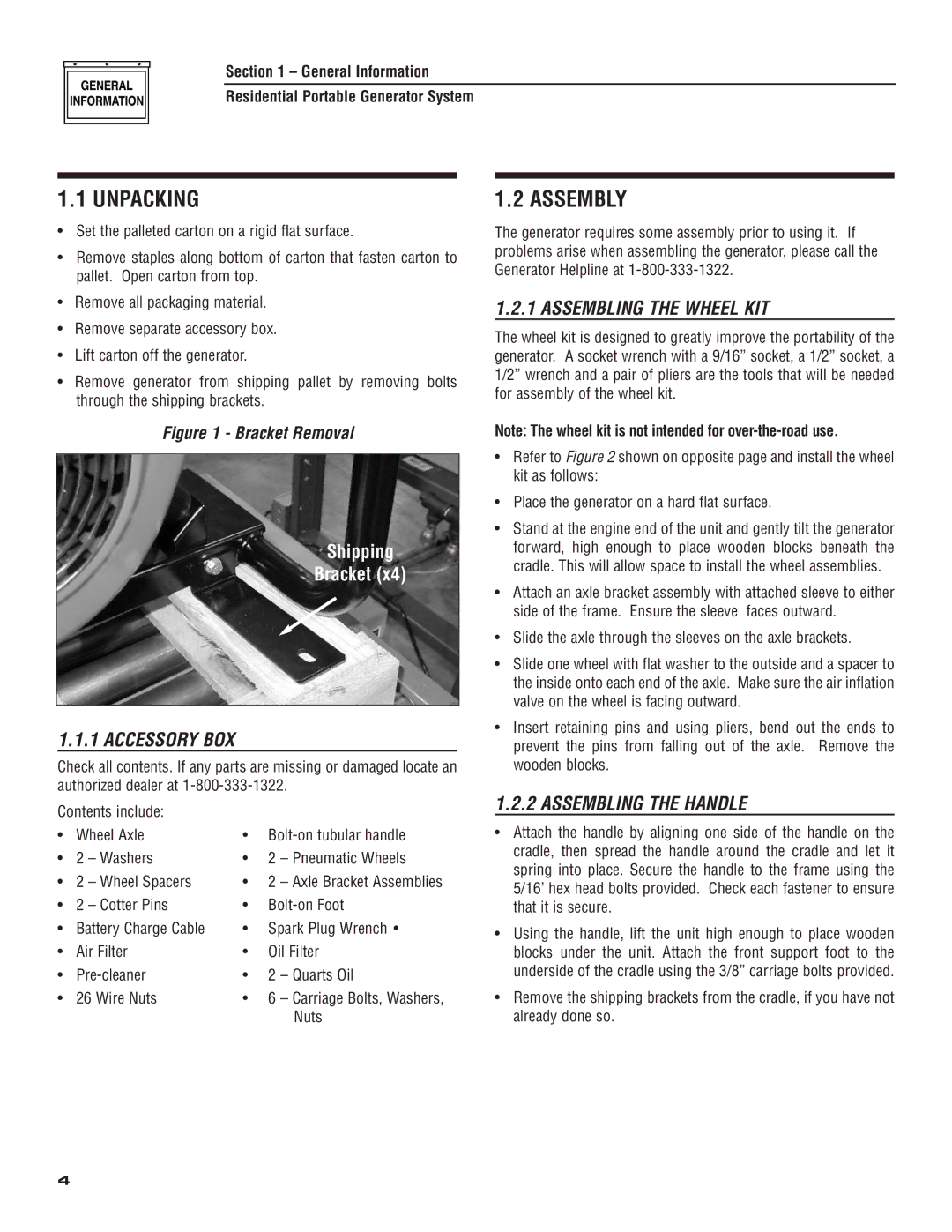 Generac 004583-0 owner manual Unpacking, Accessory BOX, Assembling the Wheel KIT, Assembling the Handle 