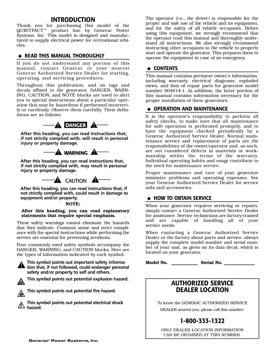 Generac 004614-1 owner manual Introduction, Authorized Service Dealer Location, Read This Manual Thoroughly, Contents 