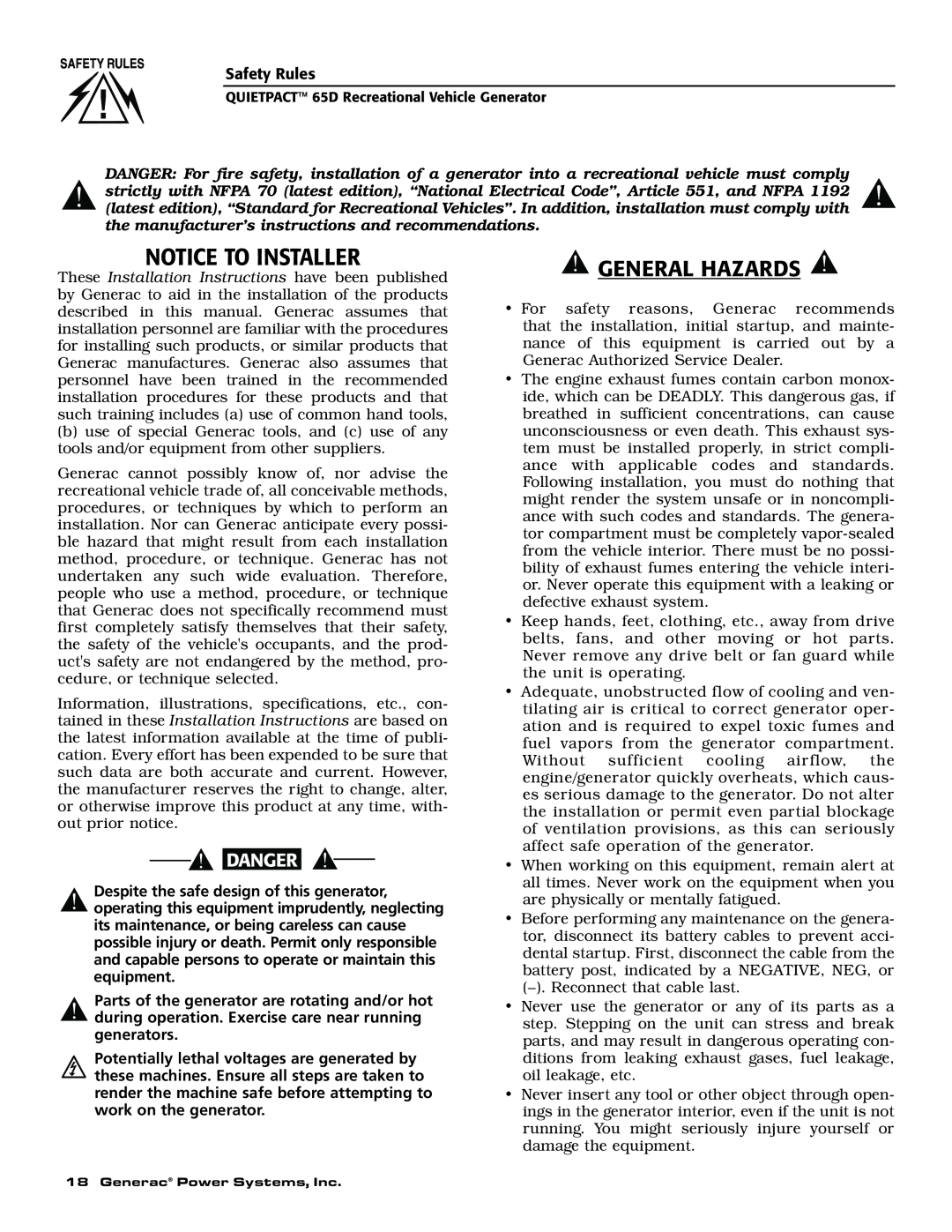 Generac 004614-1 owner manual Notice To Installer, General Hazards, Generac Power Systems, Inc 