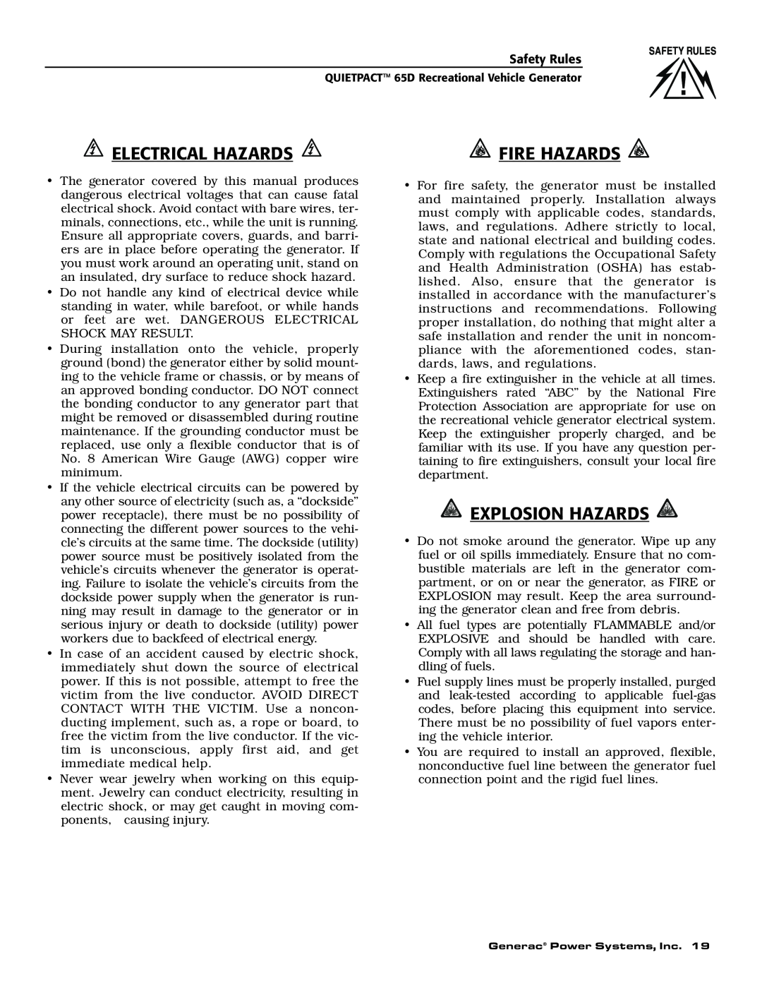 Generac 004614-1 owner manual Electrical Hazards, Explosion Hazards, Fire Hazards 