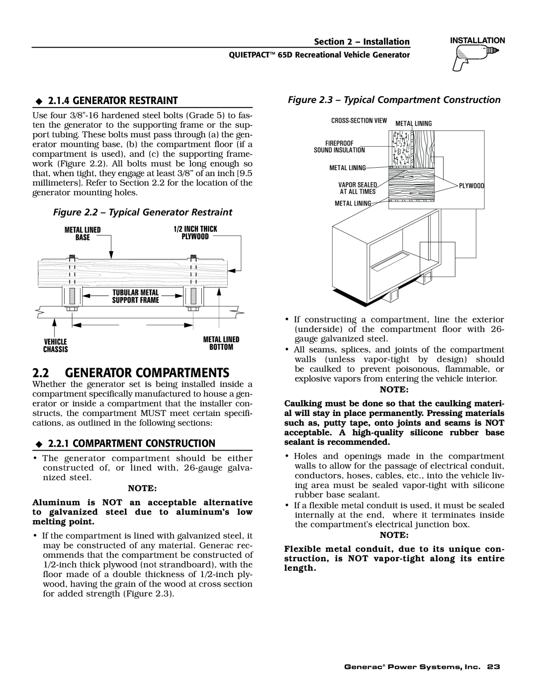 Generac 004614-1 owner manual Generator Compartments, Compartment Construction, 2 - Typical Generator Restraint 