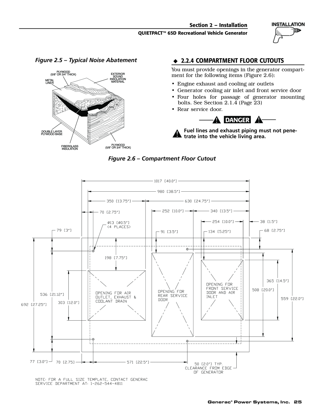 Generac 004614-1 owner manual Compartment Floor Cutouts, 5 - Typical Noise Abatement, 6 - Compartment Floor Cutout 