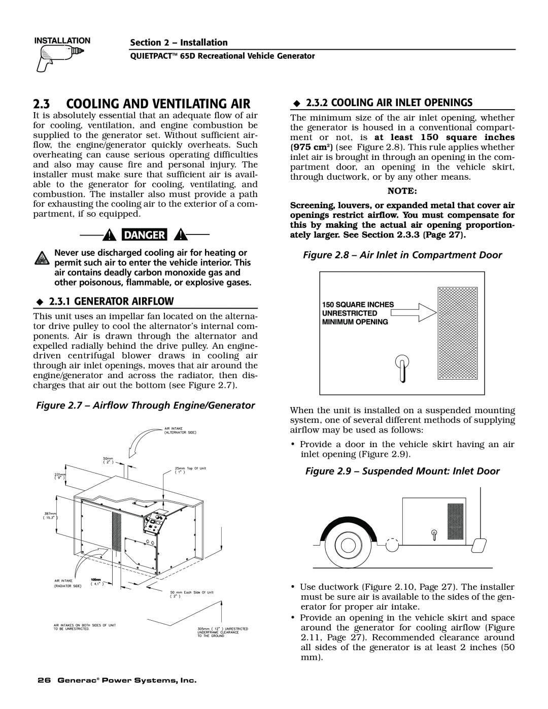 Generac 004614-1 owner manual Cooling And Ventilating Air, Cooling Air Inlet Openings, Generator Airflow 