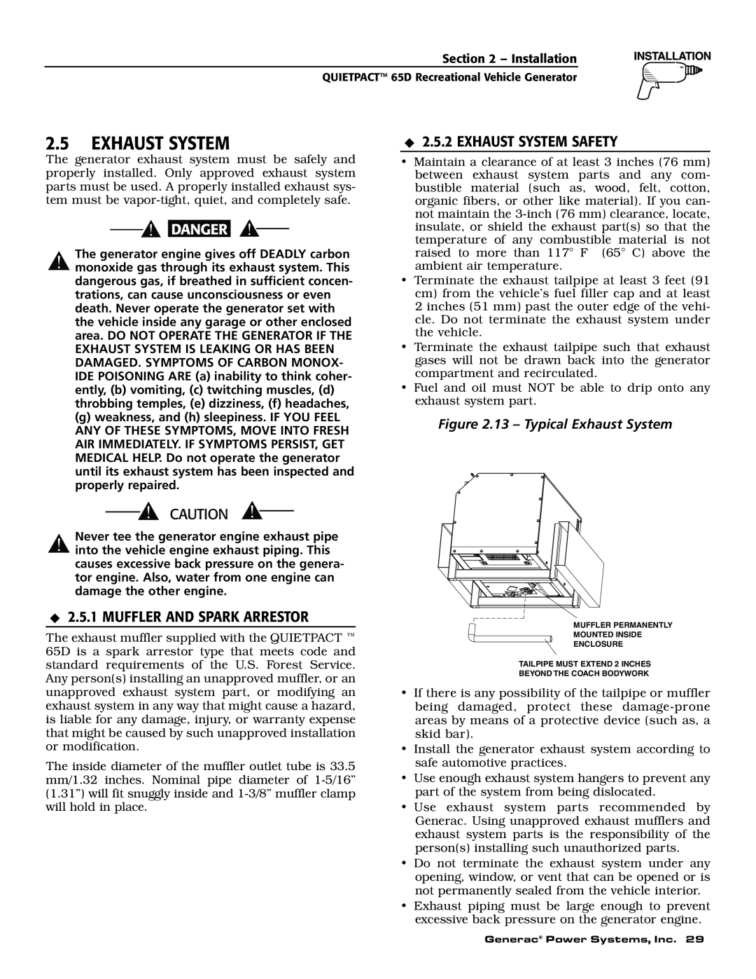Generac 004614-1 owner manual Exhaust System Safety, Muffler And Spark Arrestor, 13 - Typical Exhaust System 