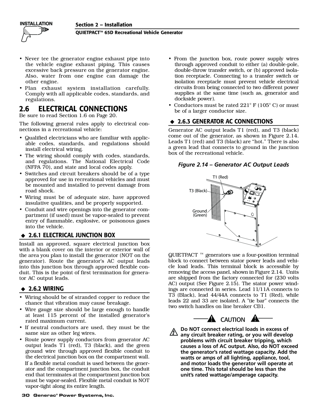 Generac 004614-1 owner manual Electrical Connections, Electrical Junction Box, Wiring, Generator Ac Connections 