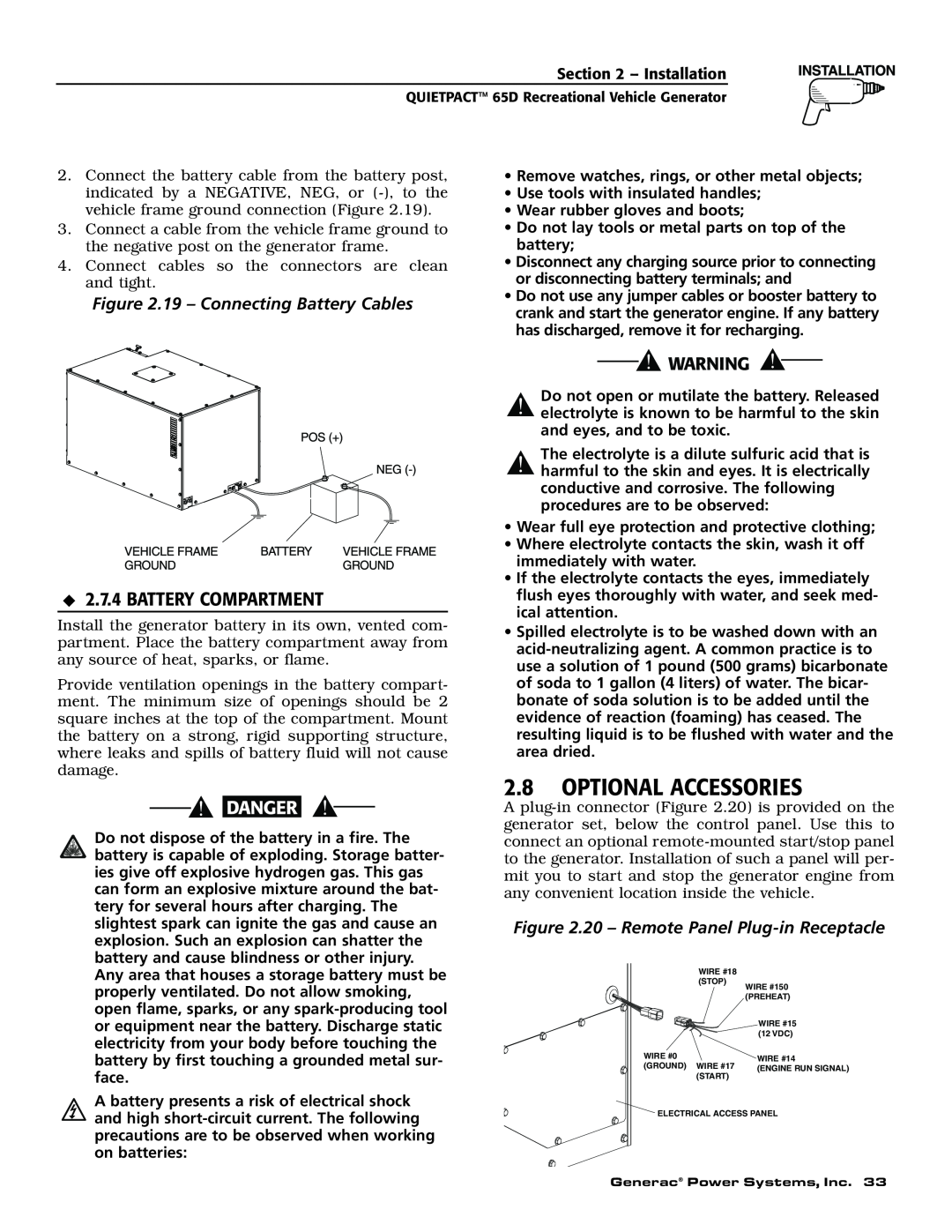 Generac 004614-1 owner manual Optional Accessories, Battery Compartment, 19 - Connecting Battery Cables 