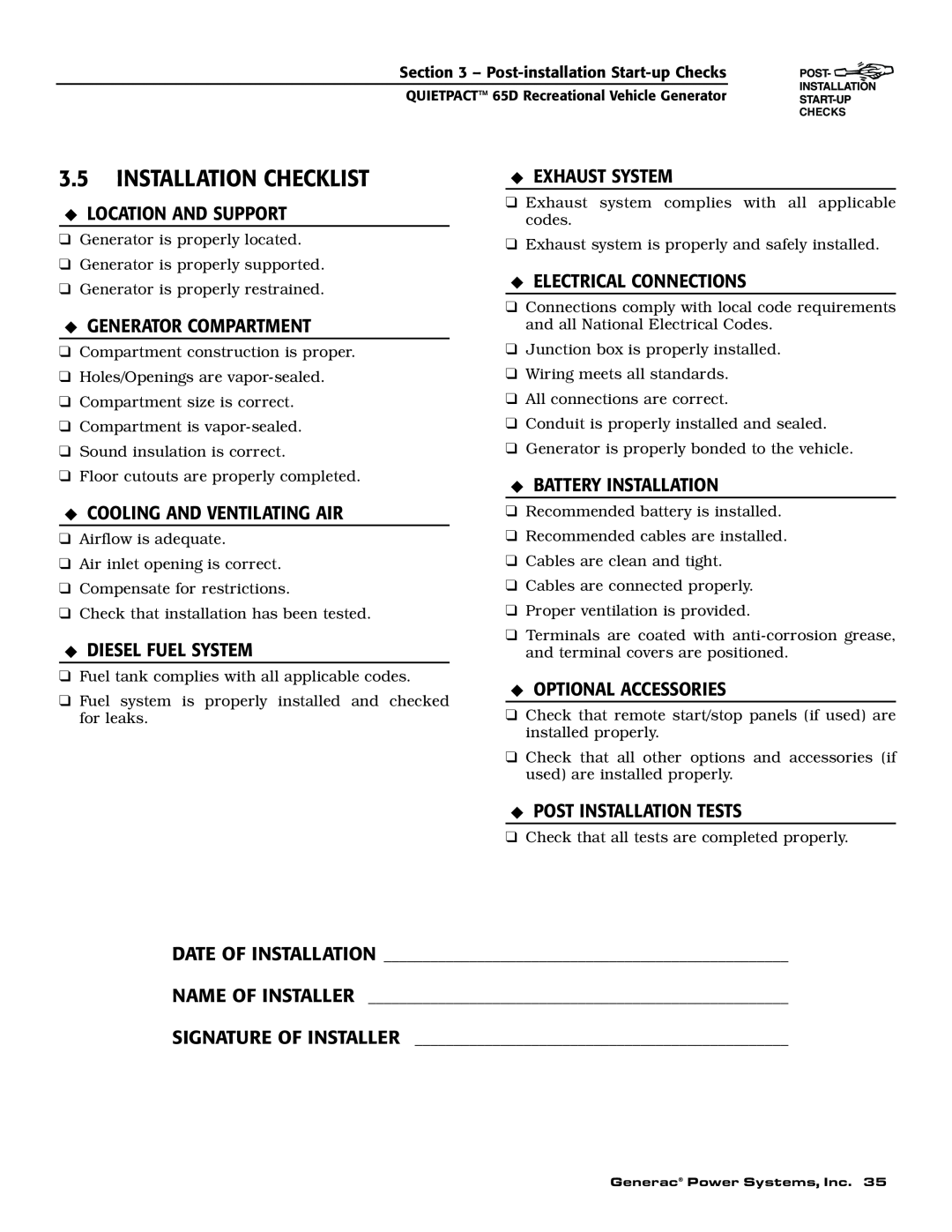 Generac 004614-1 Installation Checklist, Location And Support, Generator Compartment, Cooling And Ventilating Air 