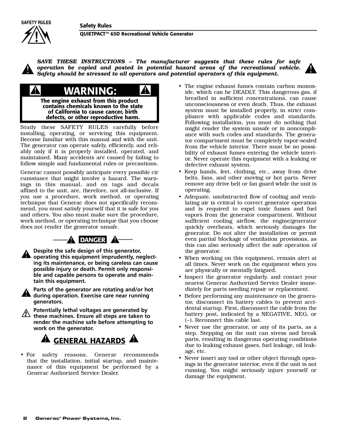 Generac 004614-1 owner manual General Hazards 