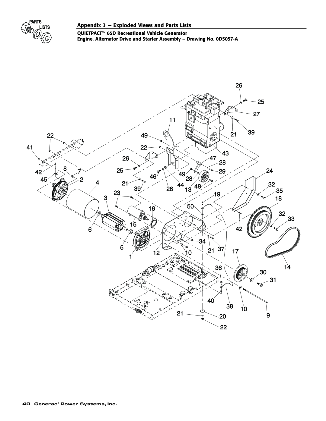 Generac 004614-1 owner manual Appendix 3 - Exploded Views and Parts Lists, QUIETPACT 65D Recreational Vehicle Generator 
